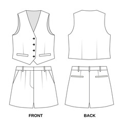 Sketch of classic vest and shorts , front and back view. Technical drawing of summer vest and shorts with pockets, vector. Pattern of fashionable women's vest and short shorts in white color.