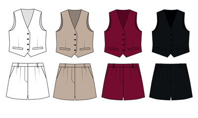 Collection of basic vest and shorts, white, beige, red, black colors. Template of summer vest and shorts with pockets, vector. Model of fashionable women's vest and short shorts.