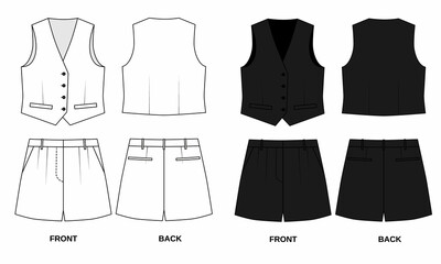 Sketch of classic vest and shorts , front and back view. Template of summer vest and shorts with pockets, isolated. Outline of fashionable women's vest and short shorts in black and white.