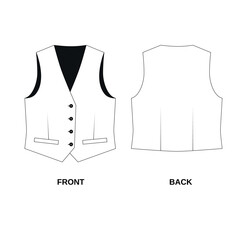 Sketch of a classic vest with buttons, front and back view. Technical drawing of suit vest with pockets, vector. Pattern of fashionable women's vest in white color.