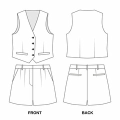 Sketch of classic vest and shorts , front and back view. Technical drawing of summer vest and shorts with pockets, isolated. Pattern of fashionable women's vest and short shorts in white color.