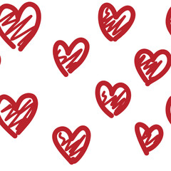 Hearts polka dot seamless pattern hand drawn. Red doodle symbols on white.