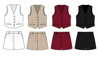 Collection of basic vest and shorts, white, beige, red, black colors. Template of summer vest and shorts with pockets, isolated. Model of fashionable women's vest and short shorts.