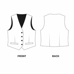 Sketch of a classic vest with buttons, front and back view. Technical drawing of suit vest with pockets, isolated. Pattern of fashionable women's vest in white color.
