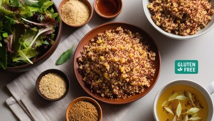 A warm, inclusive breakfast spread with fresh quinoa and buckwheat as gluten-free options, served with herbal tea and a light salad. A subtle “gluten-free” icon highlights their gentle nutrition