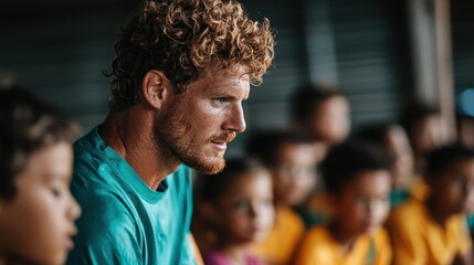 Fototapeta premium A profile view of a thoughtful man engaged in listening amid a collective of children, highlighting the respect and passion for sharing knowledge and inspiration.