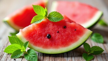 Refreshing sliced watermelon with fresh mint leaves, organic, mint, cool