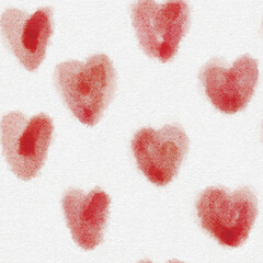Hearts polka dot seamless pattern hand drawn on fabric texture. Red watercolor doodle symbols on white.