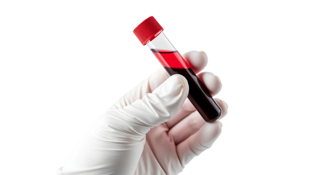 Photo of gloved hand holding a test tube filled with a dark red liquid isolated on transparent background.png