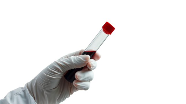 Photo of gloved hand holding a test tube filled with a dark red liquid isolated on transparent background.png
