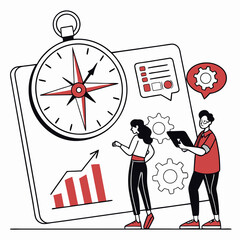 Icon of a team alignment dashboard with compass, OKR metrics, and chat