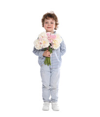 Cute little boy with bouquet of beautiful peonies on white background