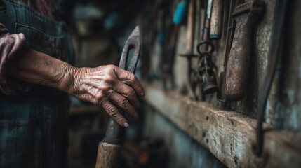 Farmer's Hand Placing Hoe on Tool Shed Wall