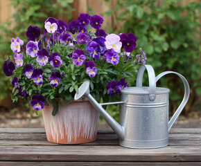 Metal Watering Can Next to a Pot of Pansies in Bloom