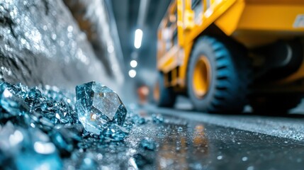 A close-up image of a large crystal surrounded by glittering blue shards on a wet surface, reflecting light brilliantly in a modern mining environment.