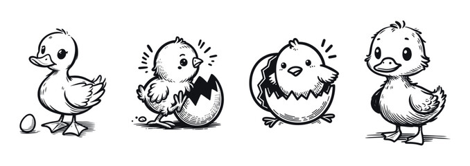 Set illustrations an egg, a chick hatching, and a young bird, transparent background, vector
