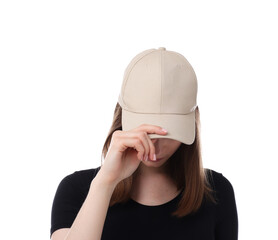 Young woman wearing stylish beige baseball hat on white background