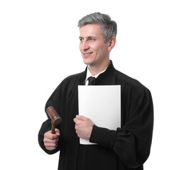 Smiling judge with mallet and documents on white background
