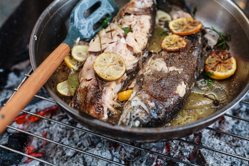 Person grilling vegetables, sausages, chicken, trout over charcoal in a backyard during summer. Outdoor cooking with real flames and smoke in a cozy home setting