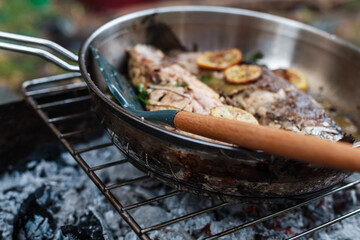 Person grilling vegetables, sausages, chicken, trout over charcoal in a backyard during summer. Outdoor cooking with real flames and smoke in a cozy home setting