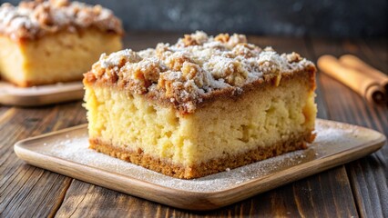 Moist crumb cake topped with buttery streusel crumble, cinnamon sugar, and served on rustic plate.