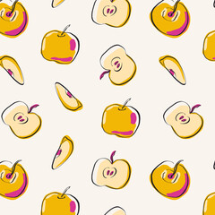 Apple fruit seamless pattern, abstract repeated background. Cartoon yellow doodle organic fruits, creative print for wrapping paper, fabric, wallpaper. Vector texture