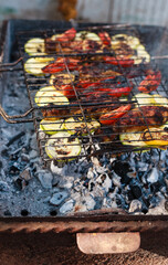 Person grilling vegetables, sausages, chicken, trout over charcoal in a backyard during summer. Outdoor cooking with real flames and smoke in a cozy home setting