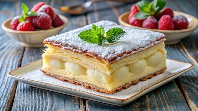 Austrian cremeschnitte with flaky pastry layers, rich vanilla custard, and powdered sugar dusting.