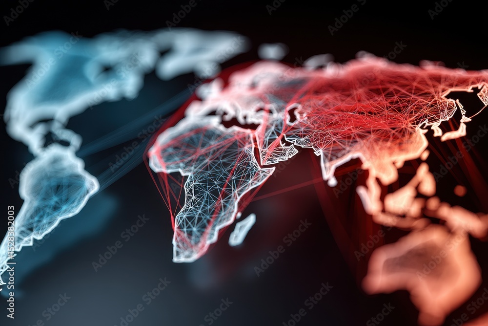 Poster abstract digital world map with illuminated wireframe design and vibrant connections