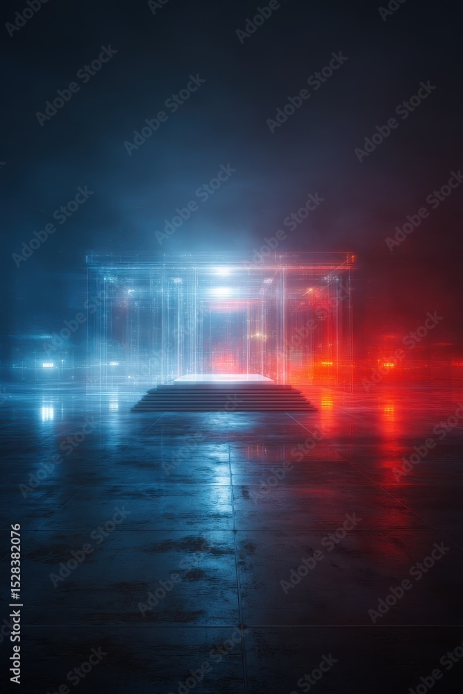 Poster abstract illuminated structure with red and blue digital light effects