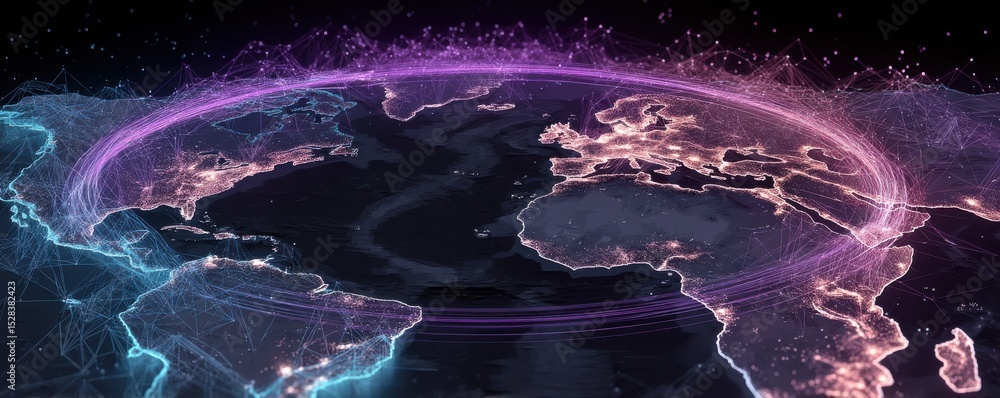 Poster top-down view of a glowing network map displaying global connections