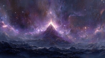 Mystical peak glowing under a cosmic sky with nebulas and stars.