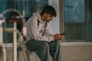 young underground man with mobile phone and vintage bicycle, urban scene