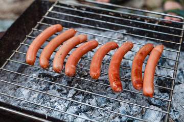 Person grilling vegetables, sausages, chicken, trout over charcoal in a backyard during summer. Outdoor cooking with real flames and smoke in a cozy home setting