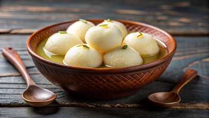 Bengali rasgulla dessert—white spongy cheese balls soaked in sugar syrup, light and juicy.