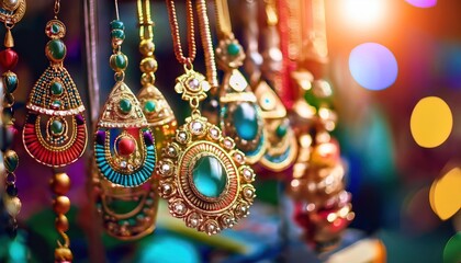 Naklejka premium Vibrant Background Highlighting Indian Jewelry A Colorful Traditional Display