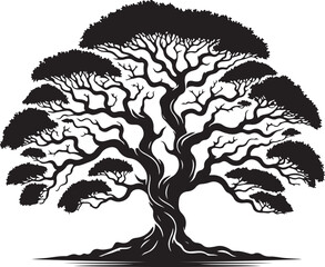 A majestic black and white illustration of an ancient, sprawling tree with numerous branches and lush foliage, evocative of strength and longevity