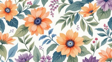 Elegant Peach and Purple Floral Pattern featuring Blooming Flowers and Lush Green Leaves ideal for Textile Design Wallpaper and Fabric Prints