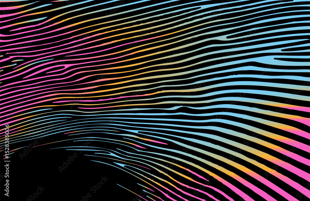 Poster Vector illustration in popular modern Op Art style, featuring dynamic wavy lines and abstract flowing shapes, creating an illusion of depth and movement with high contrast and bold graphic elements.