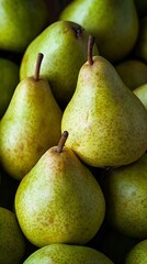 Stack of crisp pears with smooth green yellow surfaces gentle curves and elongated shapes highlighting natural charm and visual appeal perfect for fresh produce healthy food and organic fruit concepts