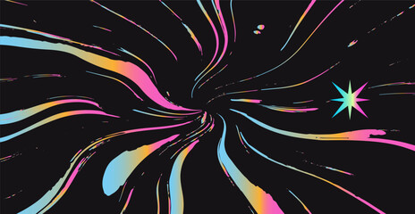 Abstract vector illustration of vibrant holographic swirls of pink, blue, yellow with a starburst on black background. Fluid, dynamic, colorful image. © local_doctor