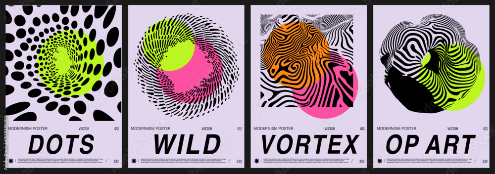 Aufkleber set of vector posters in op art style. each features abstract modernism with optical patterns: ring,
