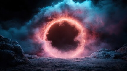Fototapeta premium A captivating circular portal surrounded by colorful clouds evokes mystery and intrigue, suggesting a journey into the unknown with its vibrant fiery hues and ethereal atmosphere.