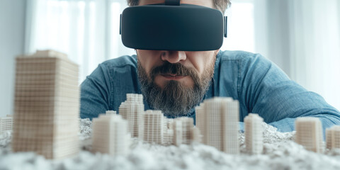 A bearded man wearing VR goggles examines a miniature city model indoors. Concept: Virtual reality exploration in urban planning
