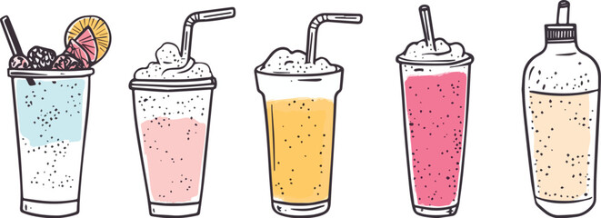 Set of colorful summer cocktails and smoothies juice drinks vector illustration isolated on white background with different flavors and toppings fresh beverage bar menu cafe restaurant fast food
