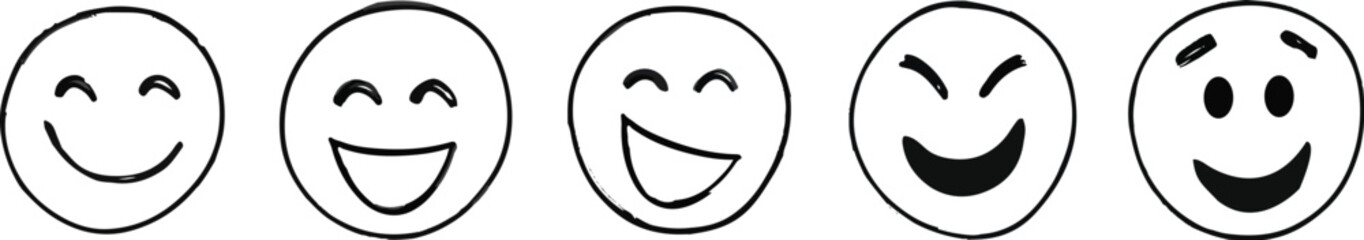 Five Hand Drawn Smiley Face Vectors Showing Different Expressions from Content to Hilarious Laughter Ideal for Customer Satisfaction Surveys Mood Tracking Mental Health Resources Positive Messaging