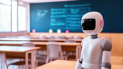 Humanoid Robot in Empty Modern Classroom