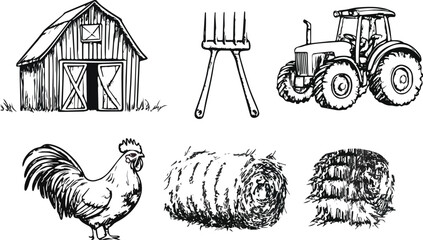 Farmhouse Tractor Rooster Hay Bale and Pitchfork Vector Illustration Set Hand Drawn Farming Agriculture Rural Life Countryside Sketch Icon Collection Isolated on White Background for Logo Design Web © Hoody Baba