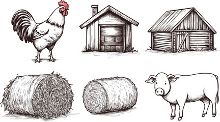 Farm Animals and Buildings Vector Illustration Set featuring a rooster chicken hen pig hay bales barn coop and shed in vintage style ideal for agriculture farming and livestock themes