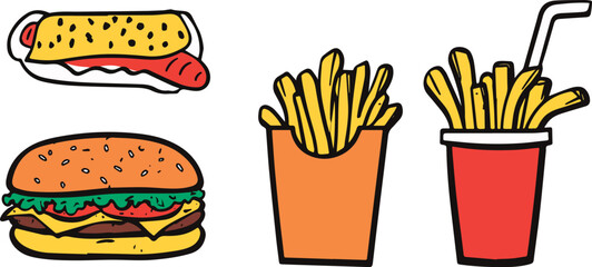 Fast Food Combo Meal Vector Illustration with Burger Hotdog French Fries and Soda Cup Graphic Design Elements for Restaurant Menu or Advertising Materials
